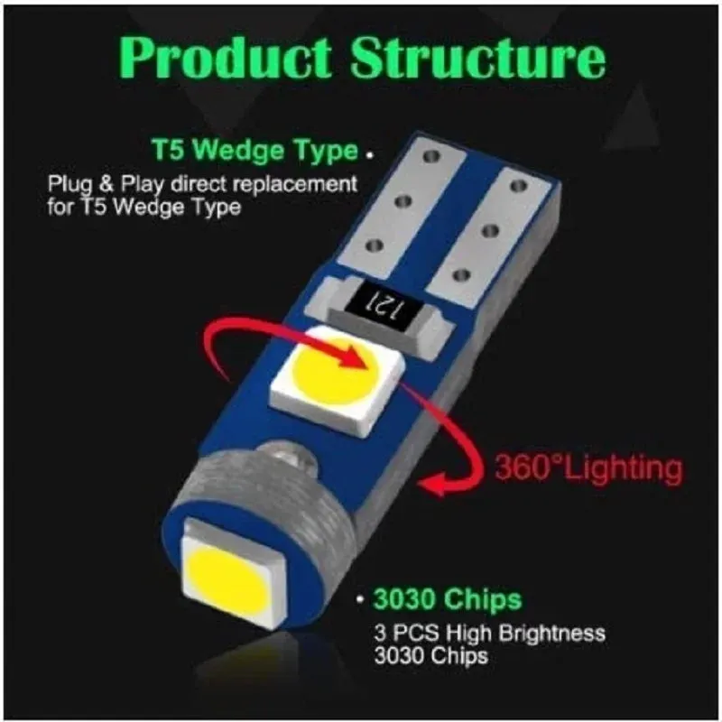 10Pcs T5 Led Bulb For Car Interior Dashboard Canbus Compatible 12V