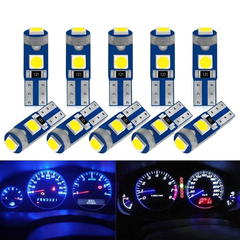 10Pcs T5 Led Bulb For Car Interior Dashboard Canbus Compatible 12V