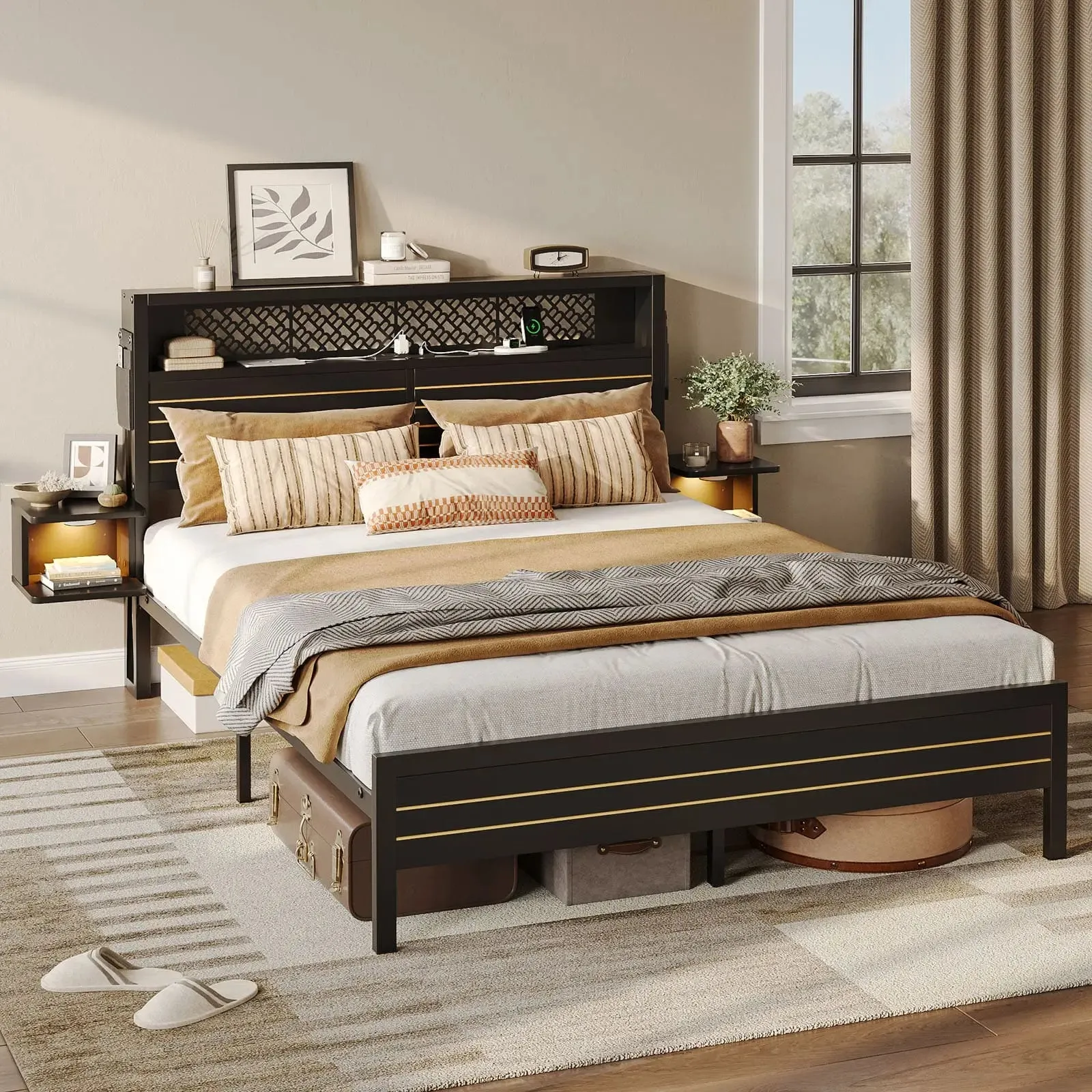 Bestier Queen Bed Frame with Horizontal Golden Stripe Storage Headboard