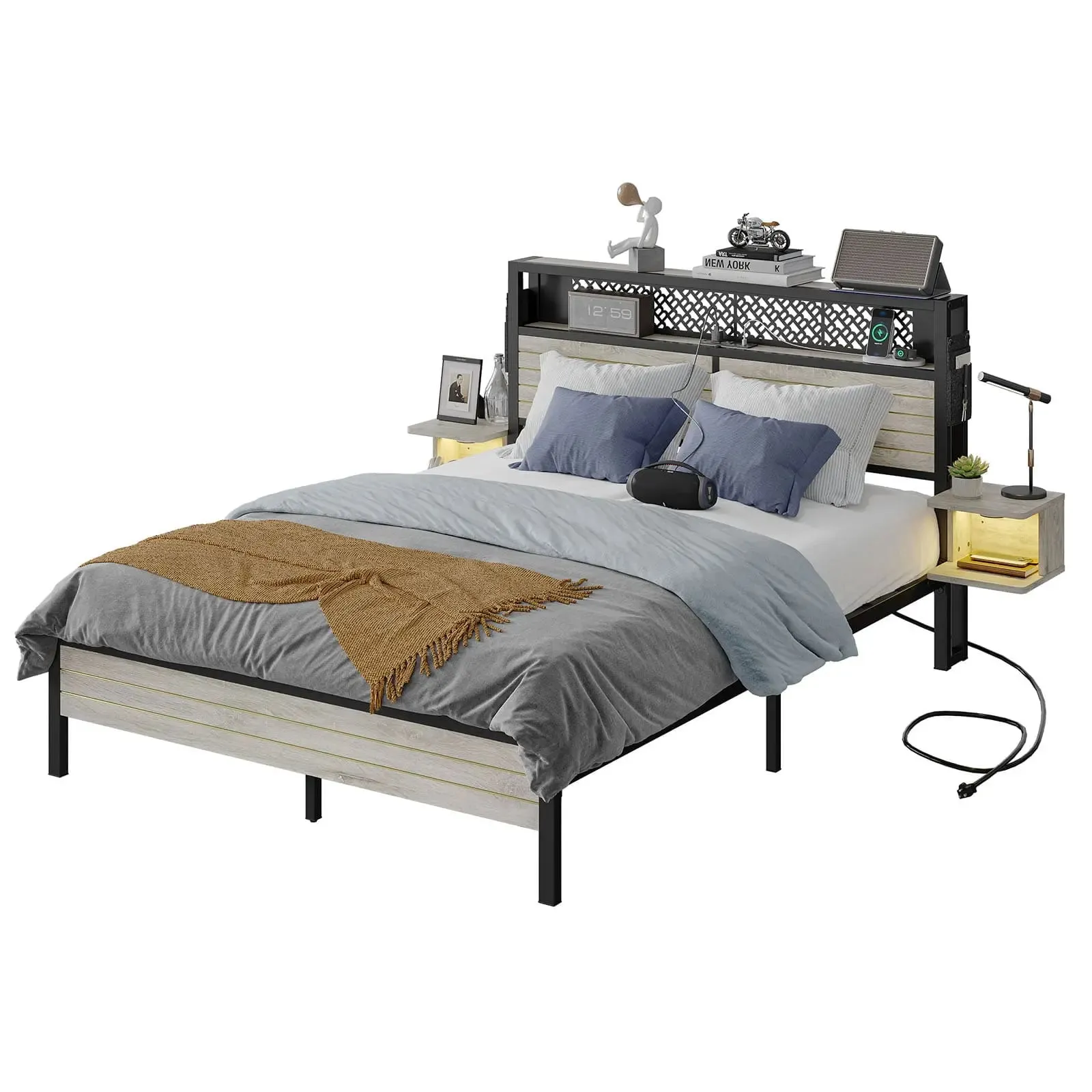 Bestier Queen Bed Frame with Horizontal Golden Stripe Storage Headboard