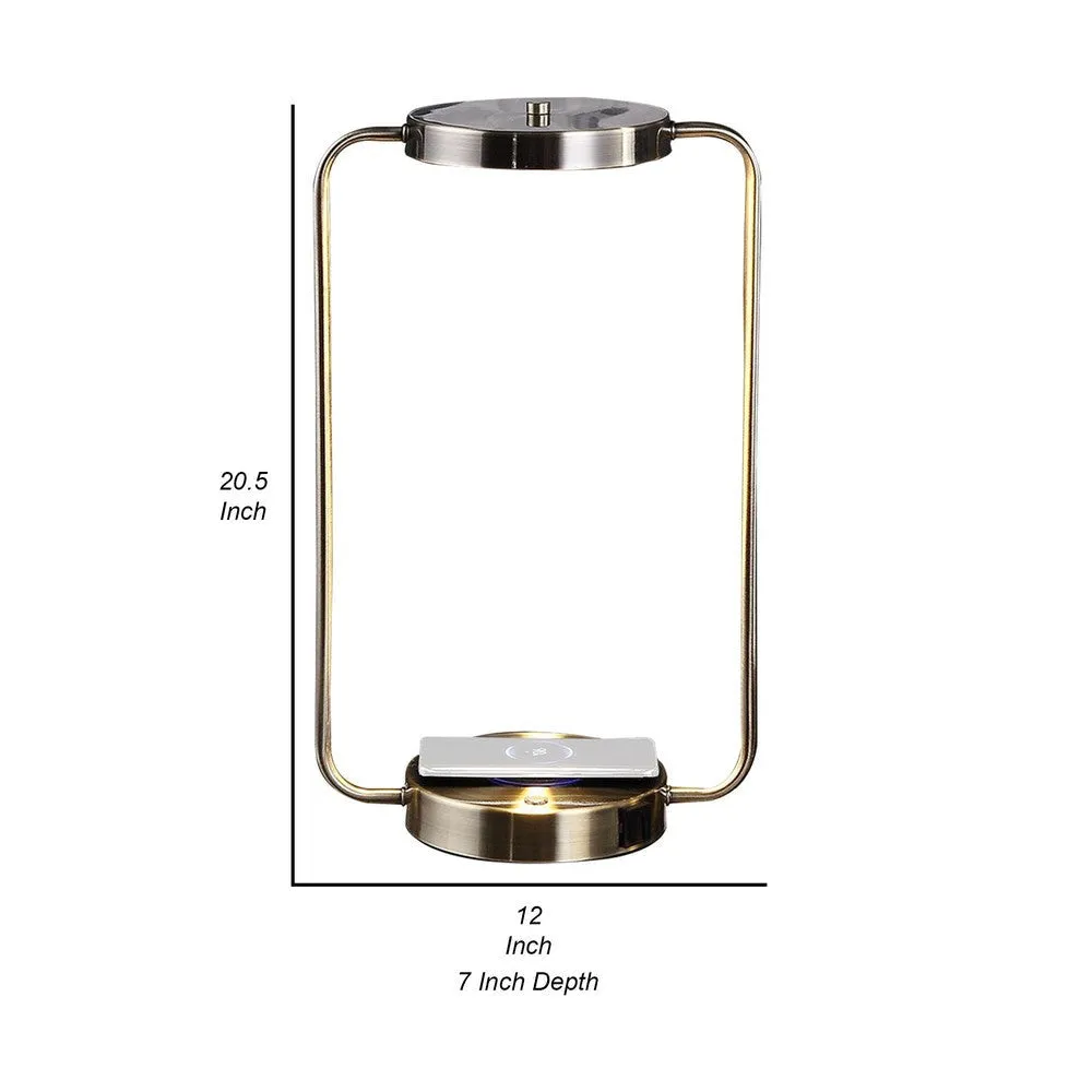 Gizo 21 Inch Table Lamp, LED Light, Wireless Charging, Metal Base, Brass By Casagear Home