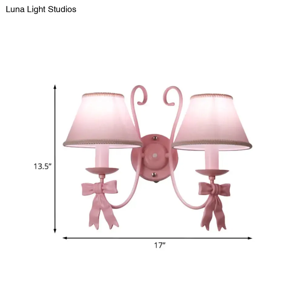 Macaron Pink Bow Wall Lamp with Fabric Shade - Bedroom Wall Mounted Light