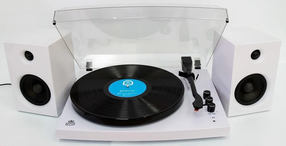 [OPEN BOX] GPO RETRO Piccadily Stylish Turntable Bluetooth   2 Speakers - White