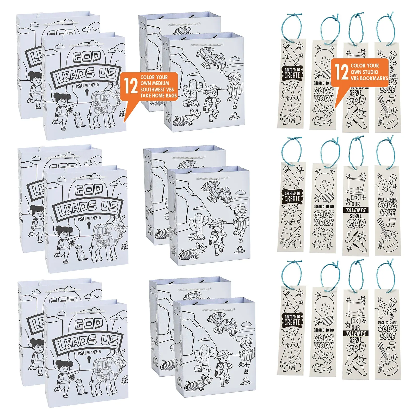 VBS Craft Supplies - DIY Paper Coloring Bags and Bookmarks for Kids (One Dozen of Each)