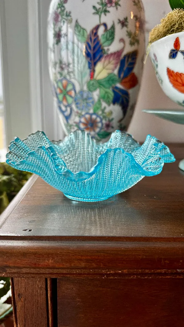 Vintage Dessert Bowl 1960s Italian Colony Waffle Pattern, Blue, Turquoise Glass