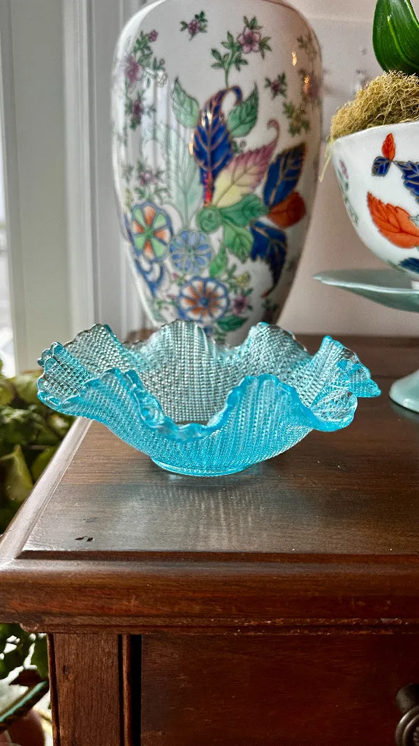 Vintage Dessert Bowl 1960s Italian Colony Waffle Pattern, Blue, Turquoise Glass