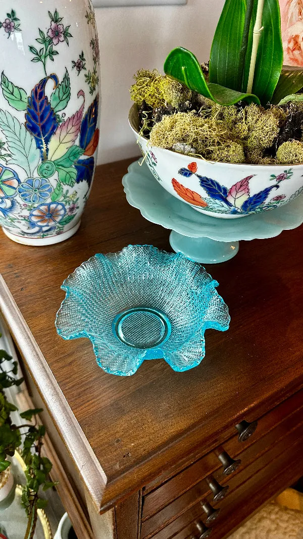 Vintage Dessert Bowl 1960s Italian Colony Waffle Pattern, Blue, Turquoise Glass
