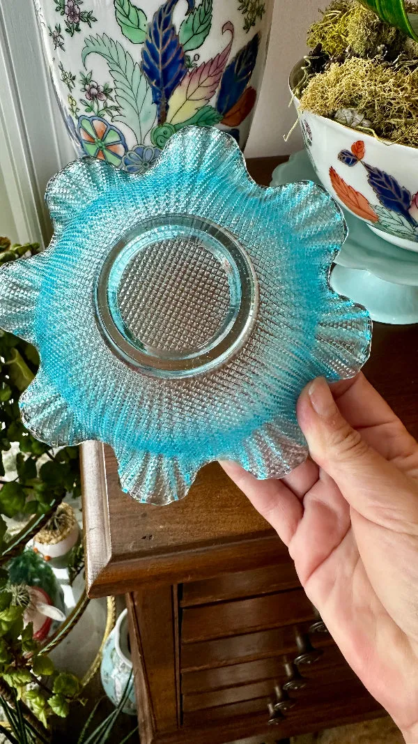 Vintage Dessert Bowl 1960s Italian Colony Waffle Pattern, Blue, Turquoise Glass