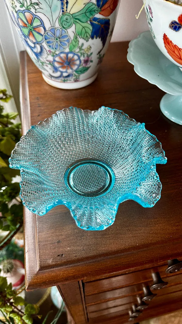 Vintage Dessert Bowl 1960s Italian Colony Waffle Pattern, Blue, Turquoise Glass