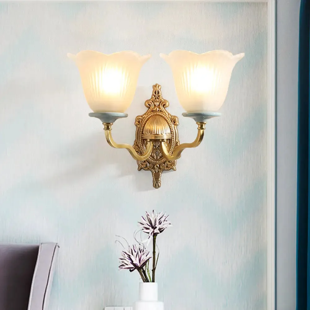 Vintage Milk Glass Brass Wall Lamp with Carved Blossom Design - 1/2-Light Wall Sconce for Porch