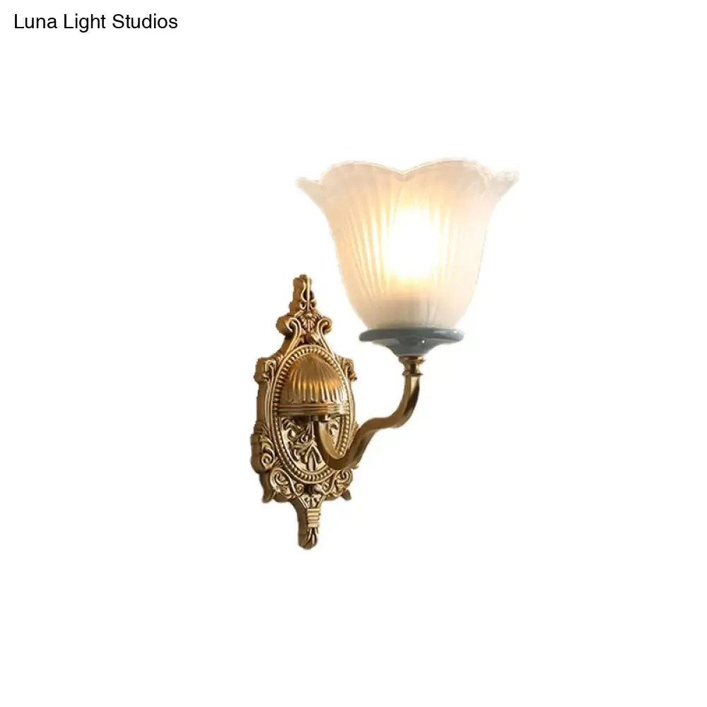 Vintage Milk Glass Brass Wall Lamp with Carved Blossom Design - 1/2-Light Wall Sconce for Porch