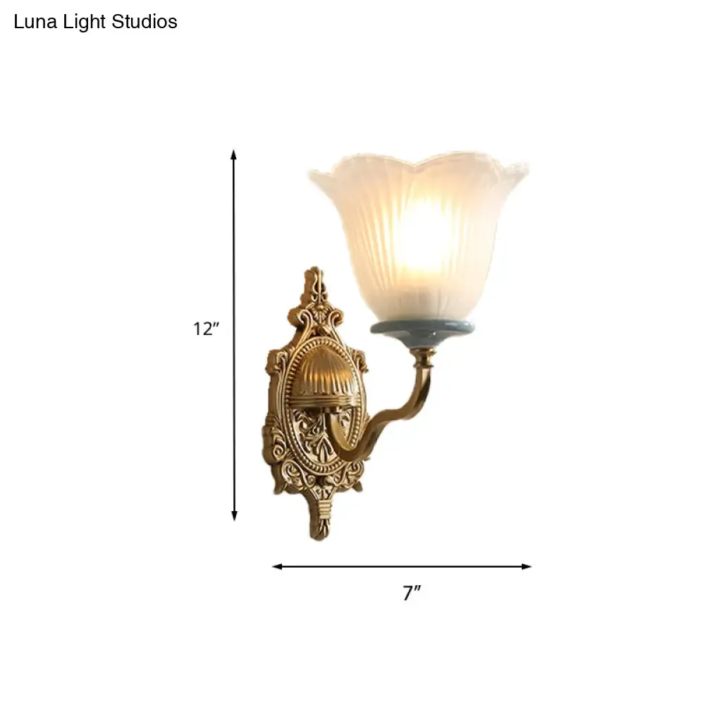 Vintage Milk Glass Brass Wall Lamp with Carved Blossom Design - 1/2-Light Wall Sconce for Porch