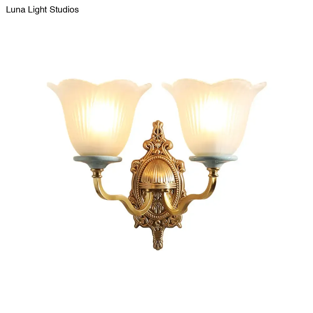 Vintage Milk Glass Brass Wall Lamp with Carved Blossom Design - 1/2-Light Wall Sconce for Porch