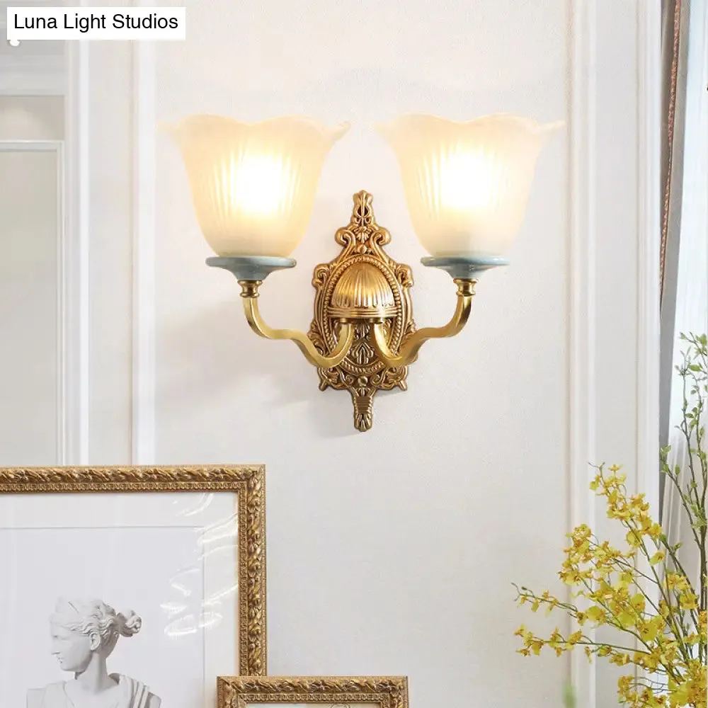 Vintage Milk Glass Brass Wall Lamp with Carved Blossom Design - 1/2-Light Wall Sconce for Porch