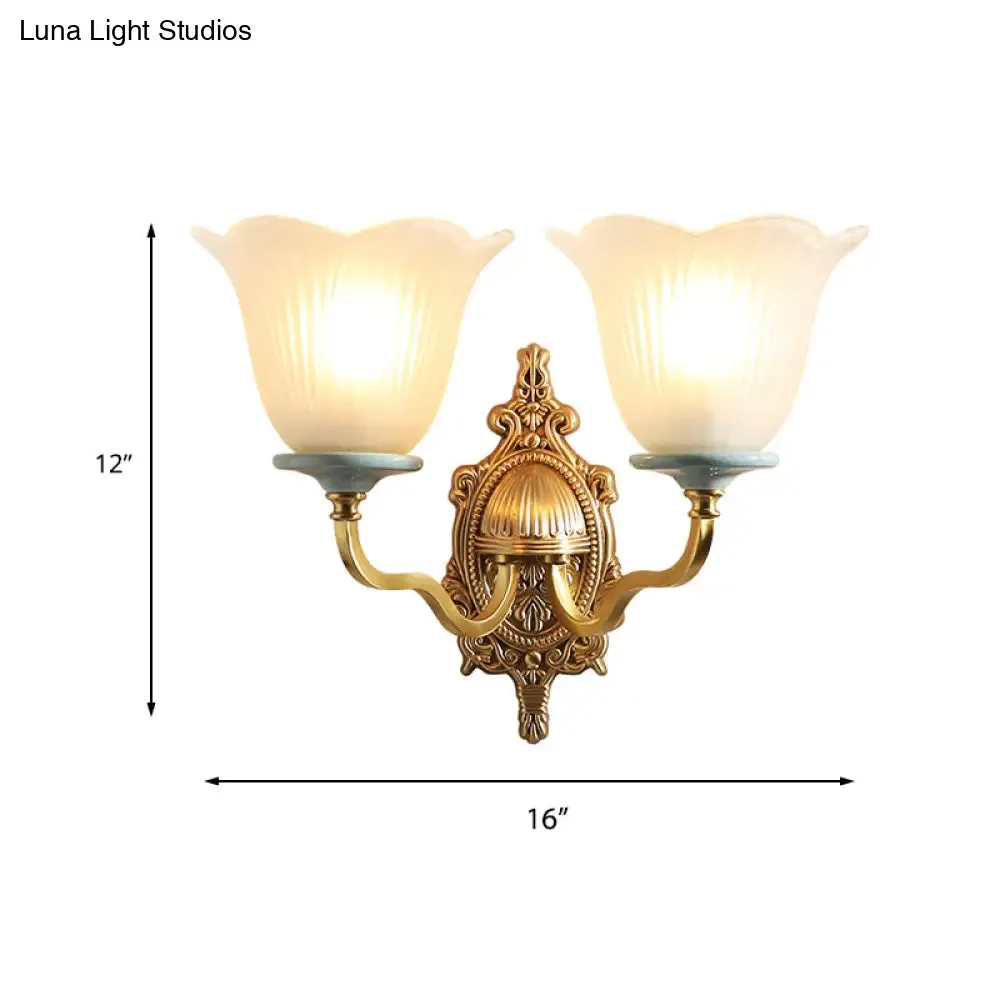 Vintage Milk Glass Brass Wall Lamp with Carved Blossom Design - 1/2-Light Wall Sconce for Porch