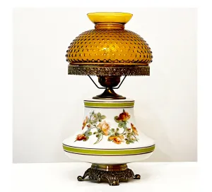 Vintage White Floral Hurricane Lamp, Amber Hobnail Glass Shade