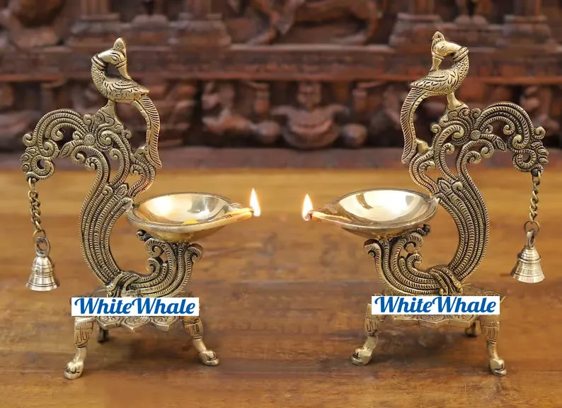 White Whale Brass Peacock Phoolwari Lamps (Diyas)  | Temple Diyas